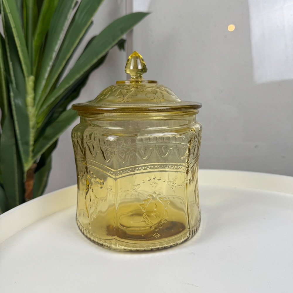 Vintage Federal Glass Amber Cookie Jar Patrician Spoke Depression Apothecary